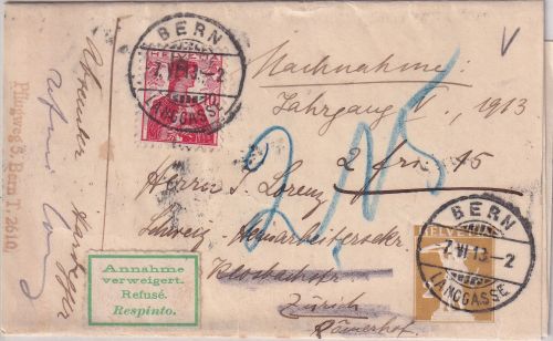 Schweiz - 2 Rp. Tellknabe Ganzsache Nachnahme-Streifband Bern - Zürich 1913