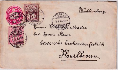 Schweiz - 10 Rp. Tübli Ganzsache + Zusatz Brief Zürich - Heilbronn 1884