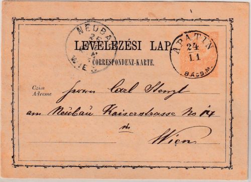 Ungarn/Serbien - 2 Kr. FJ Ganzsache K1 Apatin - Wien 1873
