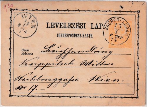 Ungarn/Kroatien - 2 Kr. FJ Ganzsache K1 Zagreb/Agram - Wien 1874