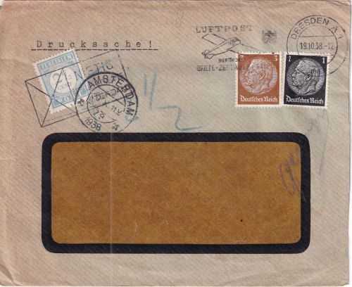 DR - 3+1 Pfg. Hindenburg Drucksache n. HOLLAND Dresden 1938 Nachporto !