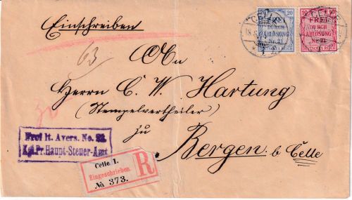 DR - 10+20 Pfg. Zählmarke/F.d.A. No.21 Einschreibebrief Celle - Bergen 1903