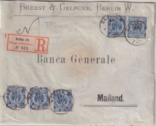 DR - 5x20 Pfg. K/A Einschreibebrief (4.Gew.stufe) n. ITALIEN Berlin W49 1893