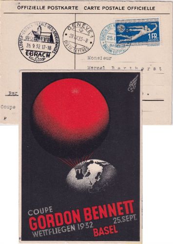Schweiz - 1 Fr. Abrüstung Sonderkarte + SST Basel Gordon-Bennet Weltfliegen 1932