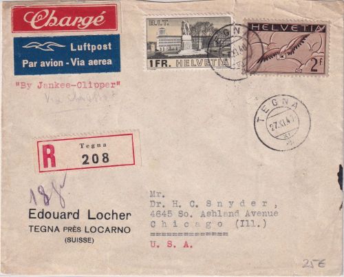 Schweiz - 2 Fr. Flugpostmarke u.a. Luftpost-Einschreibebrief n. USA Tegna 1941