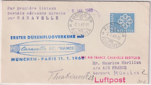 Schweiz - Air France Erstflug Caravelle München Paris Zuleitungspost 2.1.60