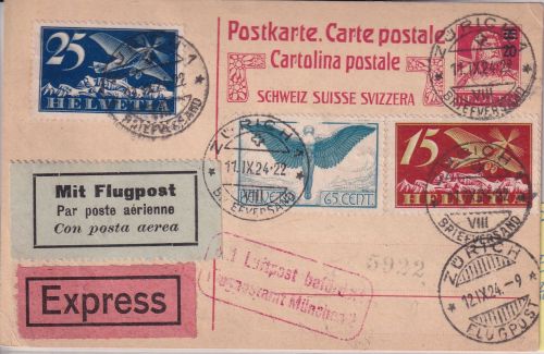 Schweiz - 27/25 Rp. Tell Ganzsache Luftpost-Eilbotenkarte Zürich - Nürnberg 1924