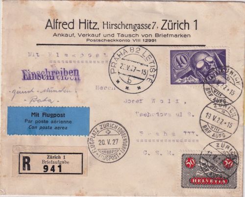 Schweiz - 40+50 Rp. Flugpostausg. Luftpost-Einschreibebrief n. TSCHECHIEN 1927