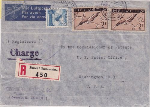 Schweiz - 2x2 Fr. Flugpostausg. ua. Luftpost-Einschreibebrief n. USA Zürich 1941