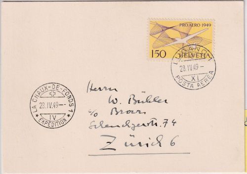 Schweiz - 150 C. Pro Aero 1949 FDC Lugano - Zürich 28.4.49