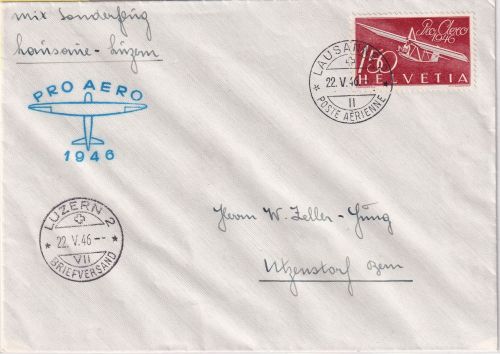 Schweiz - 150 C. Pro Aero 1946 FDC Sonderflug Lausanne - Luzern 22.5.46