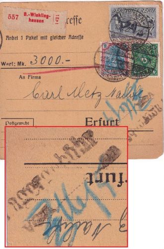 DR-Infla - 20 M. Pflüger u.a. Wertpaketkarte Barmen-Wichlinghausen 13.5.22