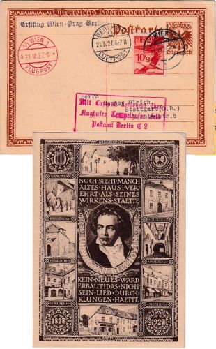 Österreich - Erstflug Wien-Prag-Berlin 1927 Beethoven Sonder-Ganzsache+Zusatz