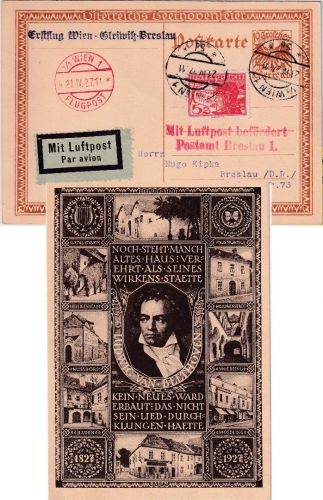 Österreich - Erstflug Wien-Gleiwitz-Breslau 1927 Beethoven Sonder-GA+Zusatz