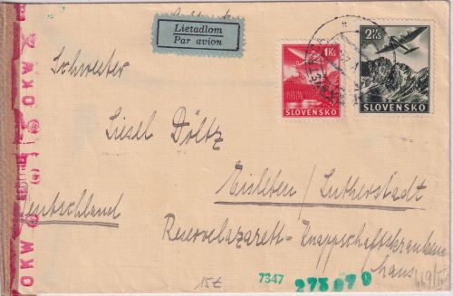 Slowakei - 2+1 Ks. Flugpostausg. Luftpostbrief Banska Bystrica - Eisleben 1943