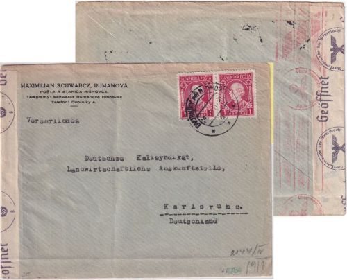 Slowakei - 2x1 Ks. Pater Hliinka Zensurbrief Dvorniki - Karlsruhe 1941
