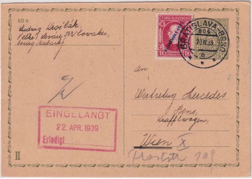 Slowakei - 50 H. CZ-Ganzsache + Zusatz Bahnpost Bratislava Brünn Z. 804 20.4.39