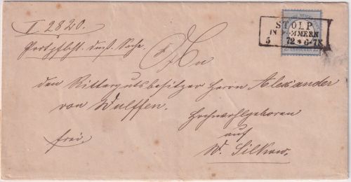 DR - 2 Gr. kl. Brustschild Brief Ra3 Stolp i. Pommern - W. Silkow 1872