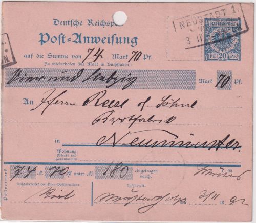 DR - 20 Pfg. K/A Ganzsache/Postanweisung Rs3 Neustadt in Holstein 1892