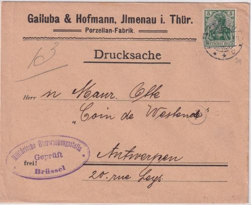 DR - 5 Pfg. Germania Drucksache n. BELGIEN/Besetzung Ilmenau - Antwerpen 1915
