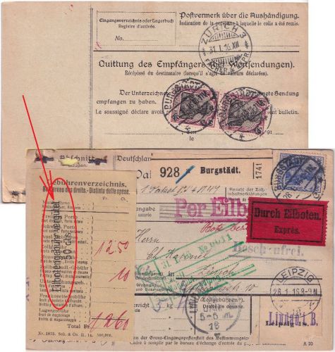 DR - 2x50+20 Pfg. Germania Eilboten-Paketkarte i.d. SCHWEIZ Burgstädt 1916