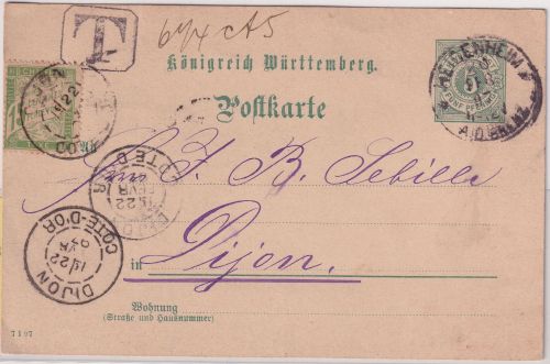 Württemberg - 5 Pfg. Ganzsache/Karte n. FRANKREICH Heidenheim 1897 Nachporto