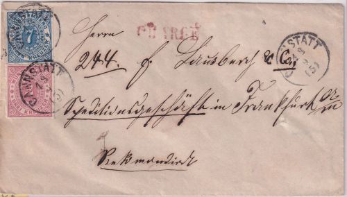 Württemberg - 3+7 Kr. Ziffer/Oval Chargebrief Cannstatt - Frankfurt a/M 1870