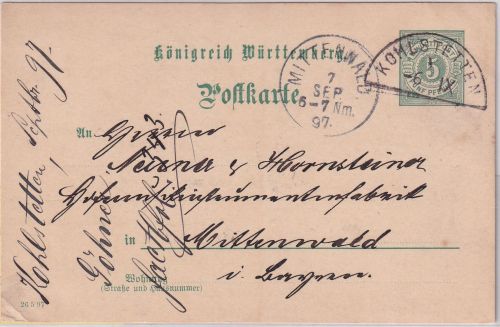 Württemberg - Kohlstetten 6.IX Stations-HKS % Pfg. Ganzsache n. Mittenwald 1897