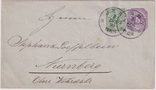 Württemberg - 5 Pfg. Ganzsache+Zusatz Isny - Nürnberg 1890