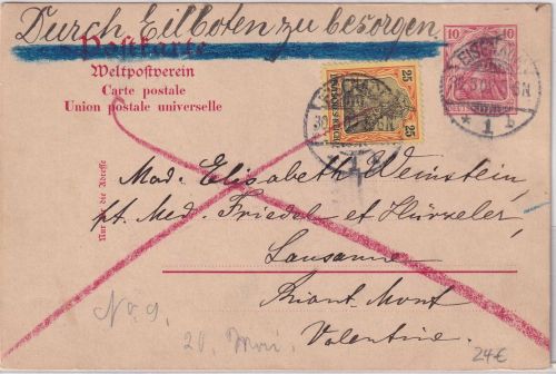 DR - 10 Pfg. Germania Ganzsache+Zusatz Eilkarte i.d. SCHWEIZ Eisenach 1902