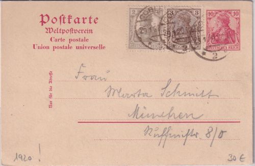DR - 10 Pfg. Germania Ganzsache+Zusatz Coblenz - München 1920 (Spätverwendung)