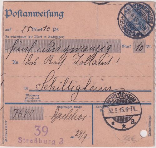 DR - 20 Pfg. Germania Ganzsache Postanwesiung Strassburg - Schiltigheim 1915