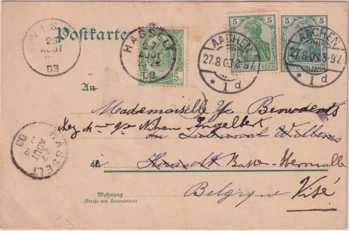 DR - 5 Pfg. Germania Ganzsache+Zusatz n. BELGIEN Aachen 1903 Weiterleitung
