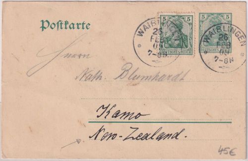 DR - 5 Pfg. Germania Ganzsache+Zusatz n. NEUSEELAND Waiblingen - Kamo 1909