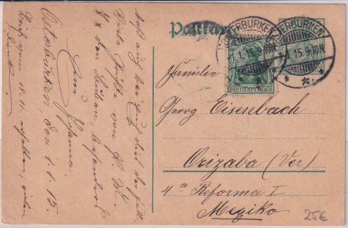 DR - 5 Pfg. Germania Ganzsache+Zusatz n. MEXIKO Osterburken - Orizaba 1915