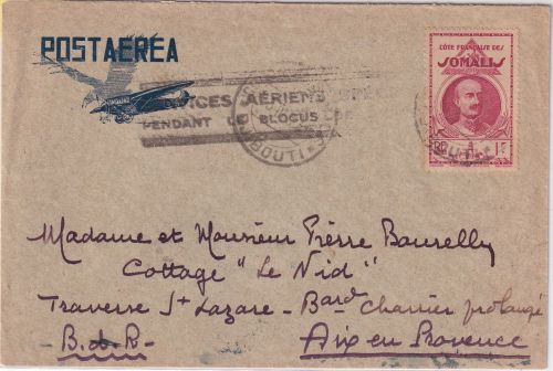 Franz. Somalia - 1 Fr. Lagarde Lupobrief Djibuti "Services Ariens Speciaux" 1941