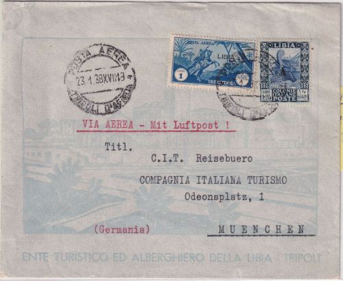 Ital. Libyen - 1 L. Flugpostausg. u.a. illustr. Luftpostbrief Tripoli 1938