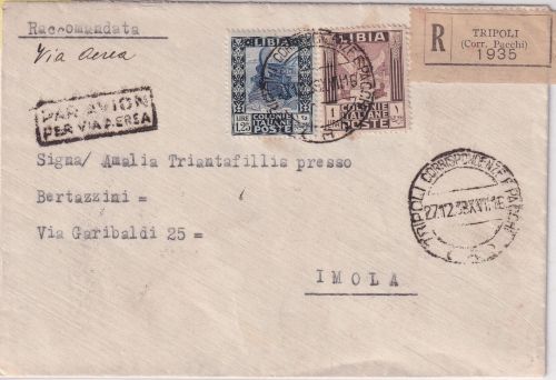 Ital. Libyen - 1,25+1 L. Freimarken Luftpost-Einschreibebrief Tripoli Imola 1938