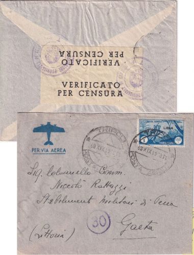 Ital. Libyen - 1 L. Flugpostausg. Luftpostbrief Tripoli - Gaeta 1941 Zensur