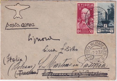 Ital. Äthiopien/Eritrea - Posta Militare No. 210. Luftpostbrief 1937 n. Südtirol