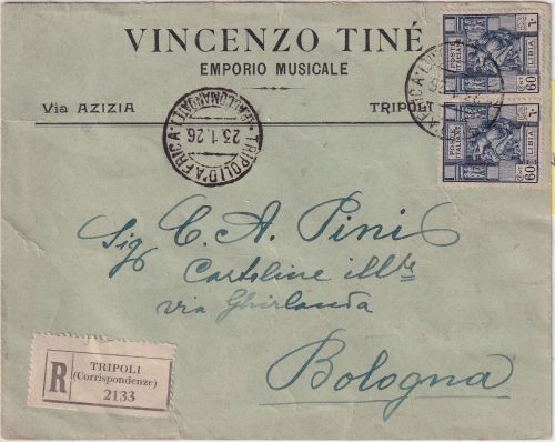 Ital. Lybien - 2x60 C. Freimarke Einschreibebrief Tripolis - Bologna 1926