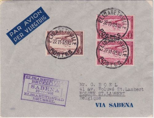 Belg. Congo - Sabena Erstflug Elisabethville - Brüssel Luftpostbrief 1935