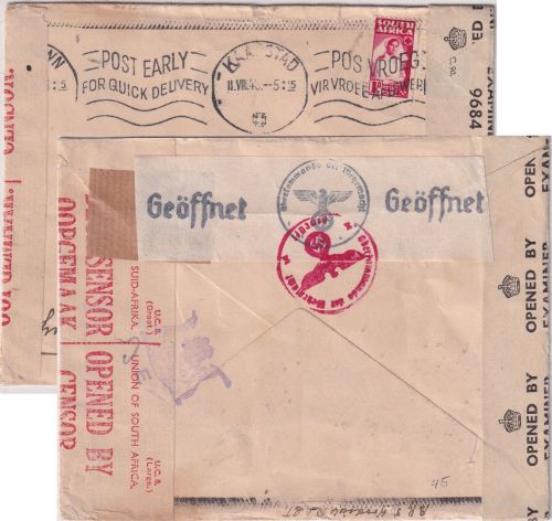 Südafrika - Kapstadt 11.8.43 Brief i.d. SCHWEIZ - DREIFACH-Zensur