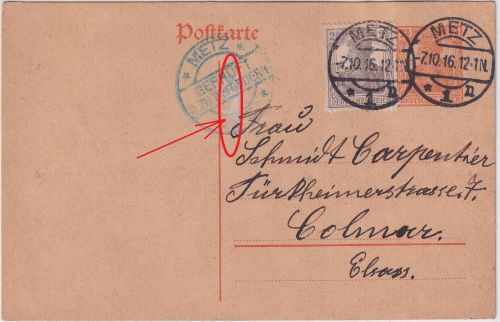 DR - 7 1/2 Pfg. Germania Ganzsache+Zusatz "Automatenkarte" Metz - Colmar 1916
