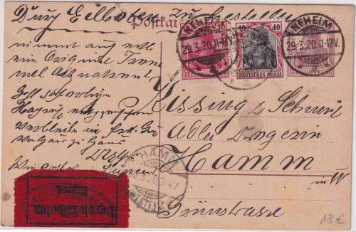 DR - 15 Pfg. Germania Ganzsache+Zusatz Eilkarte Neheim - Hamm 1920
