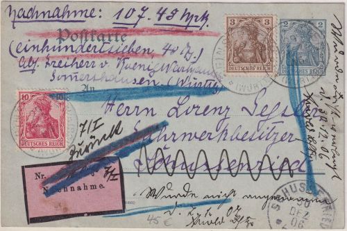 DR - 2 Pfg. Germania Ganzsache+Zusatz Nachnahmekarte Reinstetten 1906