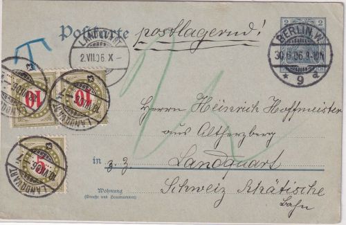 DR - 2 Pfg. Germania Ganzsache i.d. SCHWEIZ/postlagernd Berlin - Landquart 1906