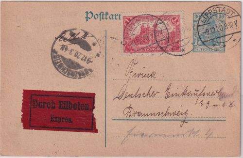 DR - 30 Pfg. Germania Ganzsache+Zusatz Eilkarte Lippstadt - Braunschweig 9.12.20