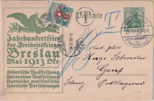 DR - 5 Pfg. Germania Sonderganzsache i.d. SCHWEIZ SST Breslau 1913 Nachporto
