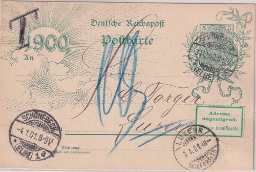 DR - 5 Pfg. Germania Jahrhundert-Ganzsache i.d. SCHWEIZ Schönebeck 1901